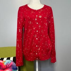 Lands End Red White Snowflake Polka Dot Cotton Cardigan Sweater